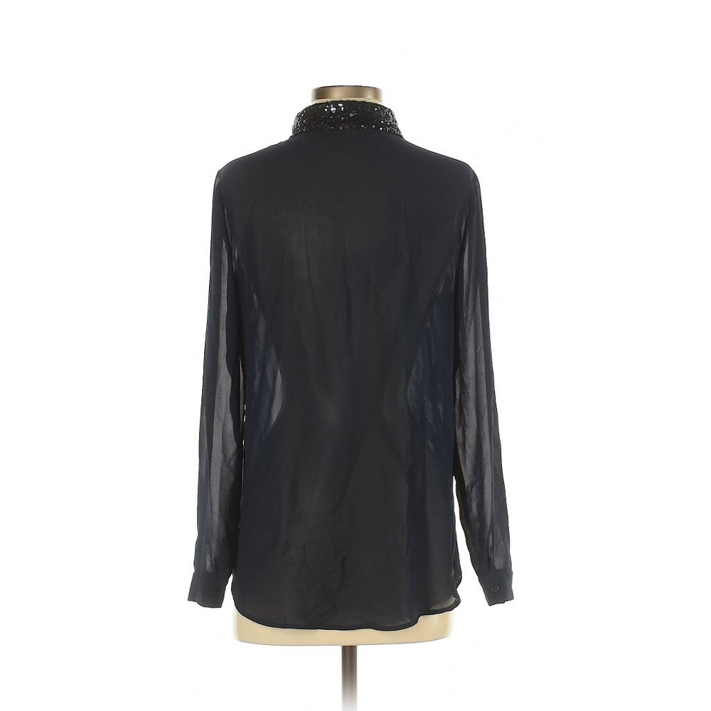 Forever 21 Dark Navy Sheer Sequin-Collar Button-Up Blouse | Size Small - Picture 4 of 11